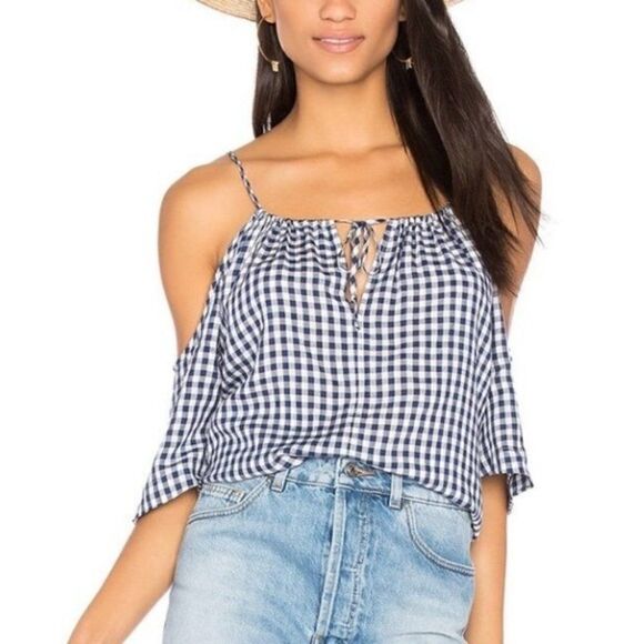Velvet Graham & Spencer Gingham Cold Shoulder Top Blue White XS - Picture 1 of 12